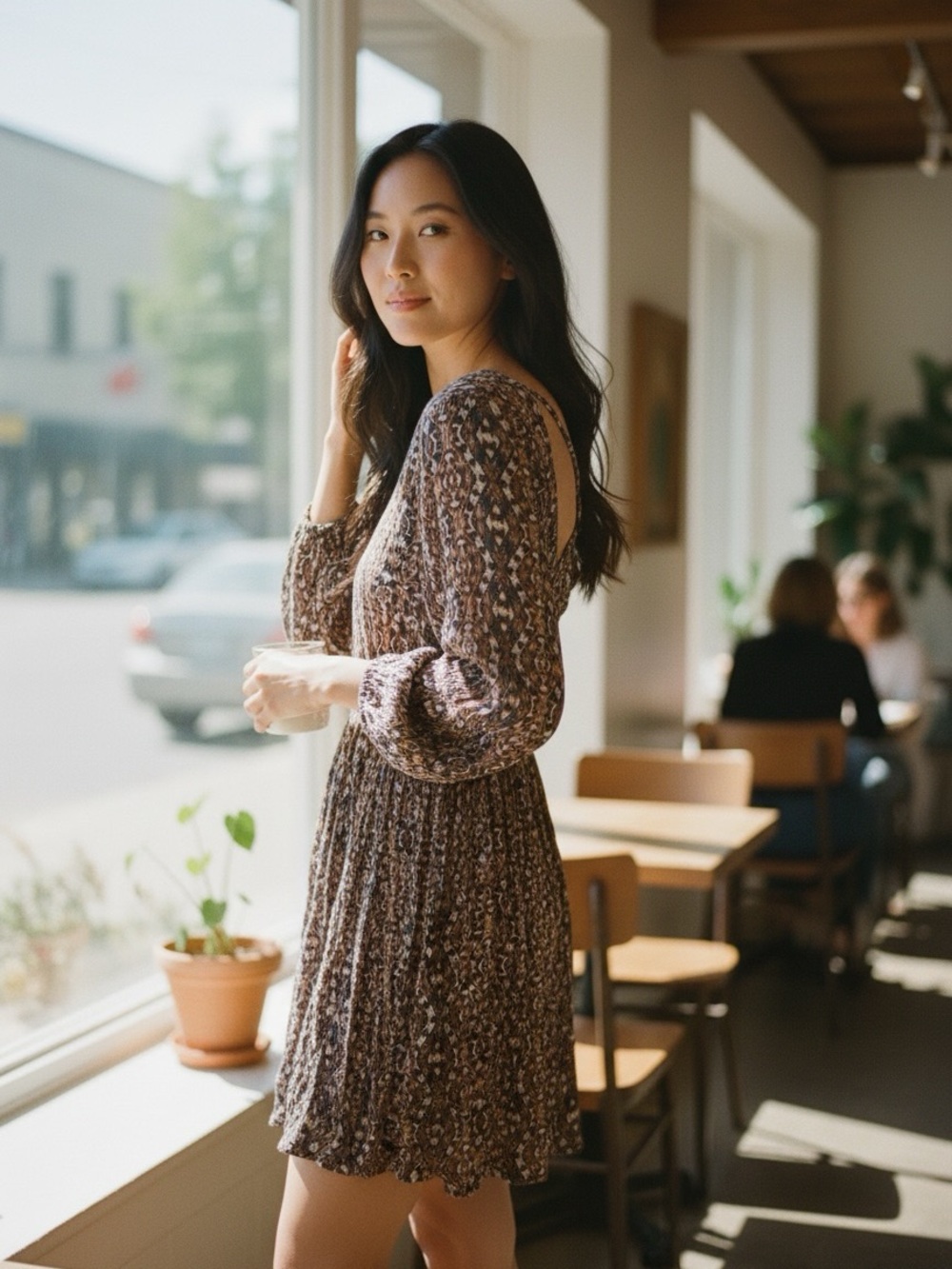 Forever 21 Brown Floral Long-Sleeve Mini Dress